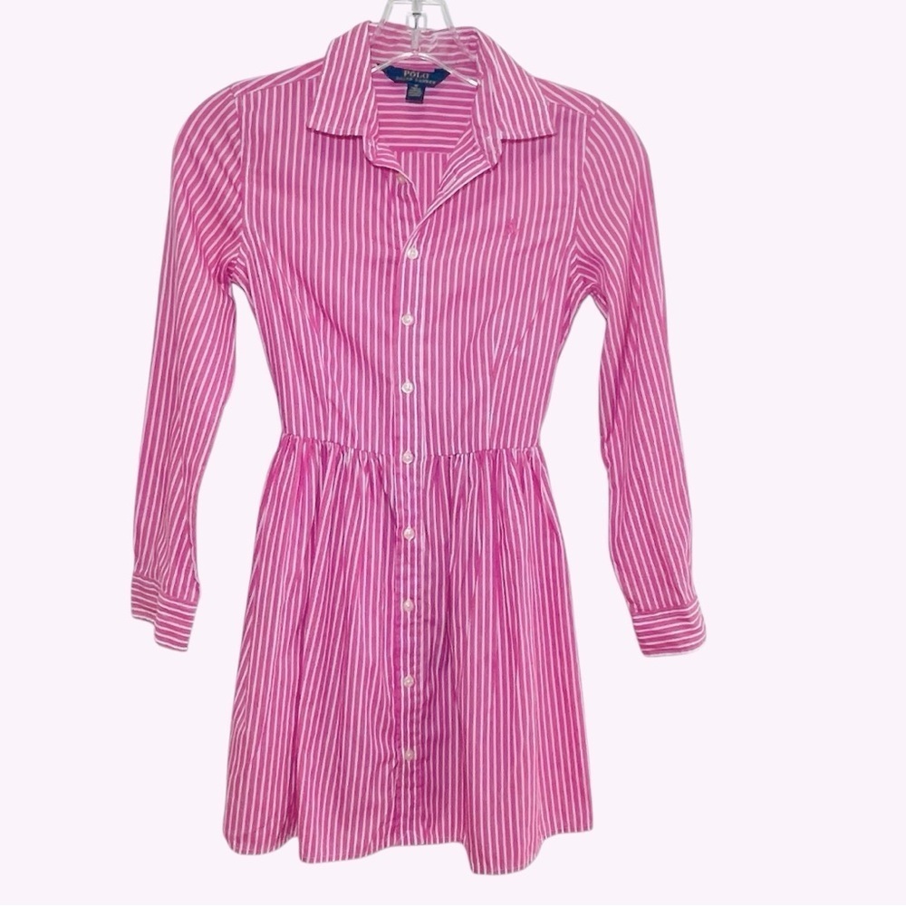 Polo Ralph Lauren Girls Pink Striped Shirt Dress Size 10 Preppy Cotton - Picture 2 of 10